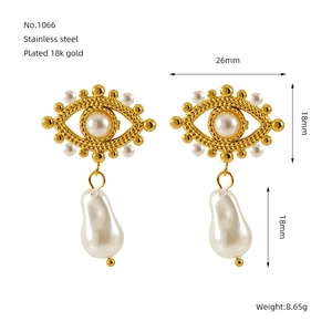 Detail view of 18k gold plated stainless steel eye-shaped earrings with pearls