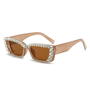 Retro square rhinestone sunglasses with brown tinted lenses and transparent crystal frame