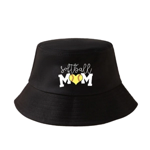 Classic black bucket hat with softball MOM print and heart detail for women