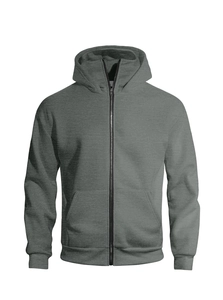 Detail of dark grey zip-up hoodie featuring a knit texture and kangaroo pockets
