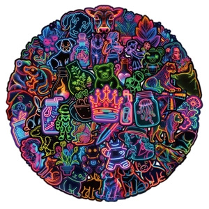 Macro detail of waterproof neon graffiti stickers for laptops with vibrant animal art