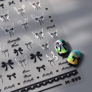 Ultrathin 3D butterfly and bow nail art stickers M-899 with black white glitter finish