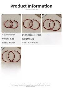 Size comparison chart for burgundy red iron hoop earrings in four different dimensions