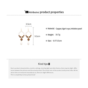 Detailed size and material specs for long tiger eye and imitation pearl earrings