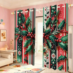 Detail of Christmas velvet curtain with holly berries pattern and metal grommet top