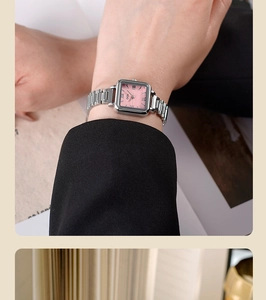 Gros plan sur la montre carrée GEDI pour femme avec cadran rose et bracelet argenté