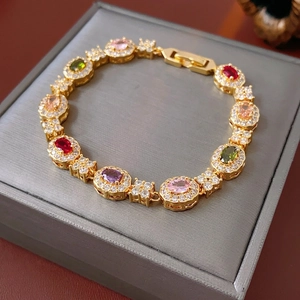 Luxurious 18K gold plated bracelet with colorful gemstones and white zircon halo in a gift box