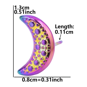 Detailed dimensions of blue-purple moon stud earring with inset purple rhinestones