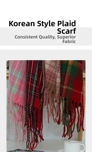 Detailed close-up of four classic plaid scarf colorways featuring long decorative tassels