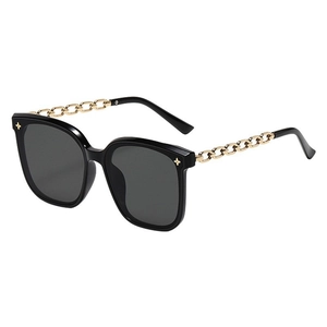 Oversized black square sunglasses with decorative gold chain metal arms for women