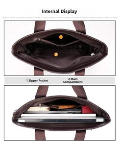 Internal view of a dark brown business briefcase showing large capacity and zipper pocket