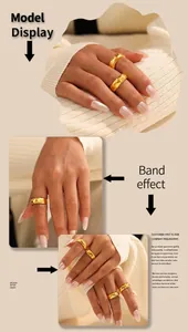 Macro shot of 18k gold plated wide rings with faceted geometric patterns for stacking
