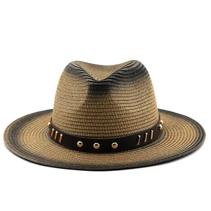 Unisex gradient straw sun hat with brown leather band and gold studs for beach travel