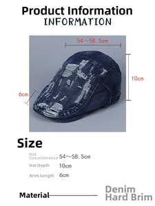 Size chart for distressed denim ivy cap showing head circumference and brim details