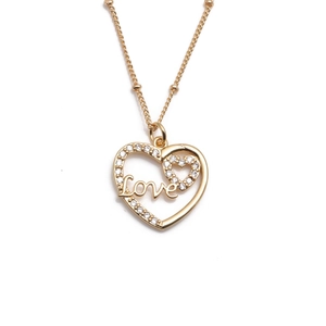 Gold-plated heart pendant necklace with rhinestones and LOVE lettering for women