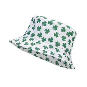 White foldable summer bucket hat with green shamrock clover print for sun protection