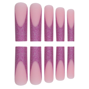 Long ballet press on nails with matte pink base and glittery deep V French tips