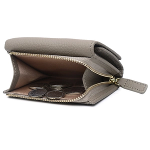 Short trifold taupe leather wallet with zipper coin pocket and pebble texture