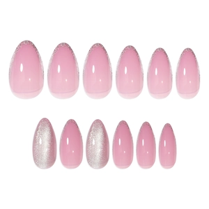 Pink cat eye almond press-on nails with silver glitter edge and glossy aurora finish
