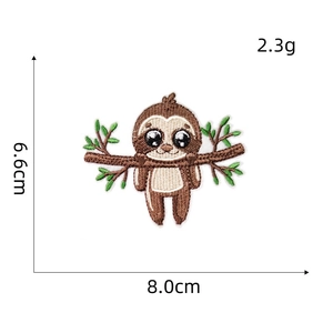 Cute cartoon sloth embroidered patch with size dimensions 8.0x6.6cm on white background