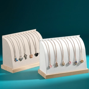 Curved necklace display stands with solid wood base for jewelry presentation