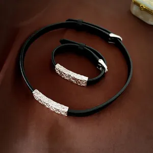 Luxury black leather jewelry set with vintage silver floral embossed metal buckles