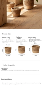 Size chart for natural seagrass woven baskets with detailed dimensions and weight specifications