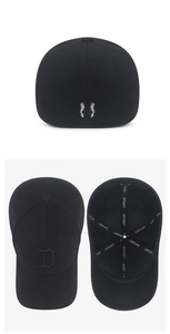 Detailed views of a black stretch fitted baseball cap with D logo and baseball stitching