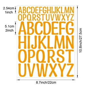 Detailed size guide for 1 and 2 inch waterproof yellow vinyl alphabet letter stickers