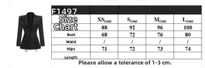 Detailed size chart for black lace-up blazer dress showing bust and waist measurements
