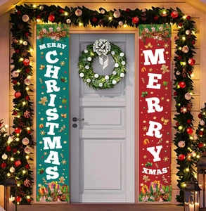 Merry Christmas door banners in red and green with festive holiday hanging decorations