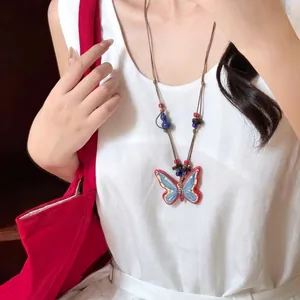 Ethnic ceramic butterfly tassel necklace with retro woven rope and colorful beads