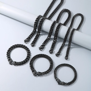 Detail of black stainless steel Cuban chain set with unique dragon-head clasp design