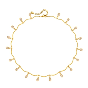 Elegant 18K gold plated necklace with 18 oval white zircon charms on a wave chain