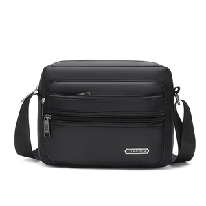 Men's black nylon multi-layer crossbody shoulder bag with adjustable strap and metal logo