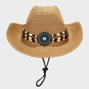 Straw Cowboy Hat Beaded Band Turquoise Medallion Wide Brim Sun Protection Summer Beach Unisex Adjustable Wind Rope