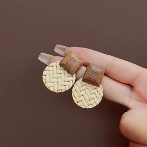 Handmade bohemian wood square and round woven rattan drop earrings in natural beige