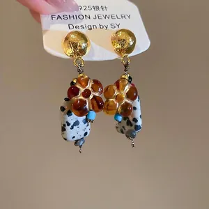 Vintage stone flower drop earrings with 925 silver needles and golden hammered studs