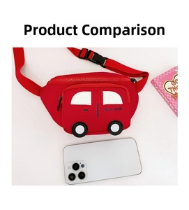 Size comparison of a red car-shaped kids waist bag next to a white smartphone