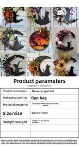 Detailed comparison of nine moon-shaped cat wreaths featuring colorful faux floral accents