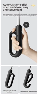 Detail of automatic umbrella handle with a matte finish and functional hanging ring buckle