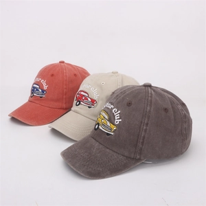 Kids baseball caps set with retro car embroidery in red beige and grey colors