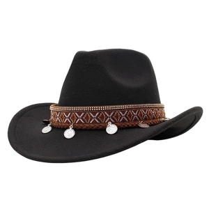 Western Cowboy Hat Wide Brim Felt Ethnic Woven Band Retro Metal Coin Pendants Bohemian Jazz Fedora For Men Women