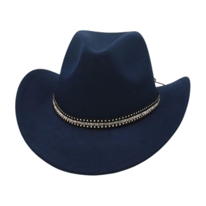 Classic dark blue western cowboy felt hat with sparkling double-row rhinestone band
