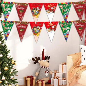 Festive Santa and Merry Christmas pennant banners hanging in a cozy holiday party scene
