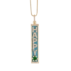 Detail of happy letter blue enamel pendant with 18k gold plating and green gemstone