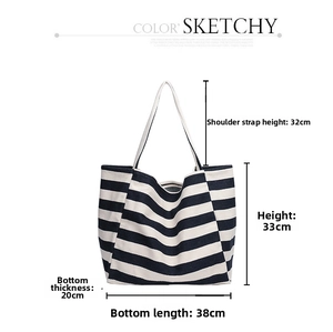 Detailed size chart of large striped canvas tote bag showing dimensions 38x20x33cm