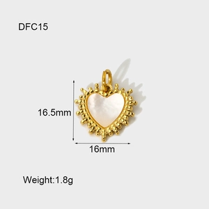Detailed size view of heart shell pendant with gold plating and 16.5mm height dimension