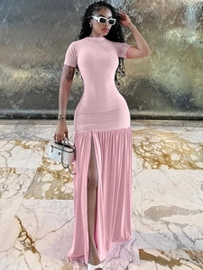 Women Pink Maxi Dress Short Sleeve Round Neck Slit Ruffle Hem Slim Fit Polyester Spandex Sexy Streetwear Summer