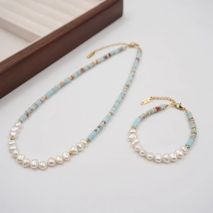 Handmade Multicolor Beaded Necklace Bracelet With Freshwater Pearl Titanium Steel Natural Stone Beads Jewelry For Women